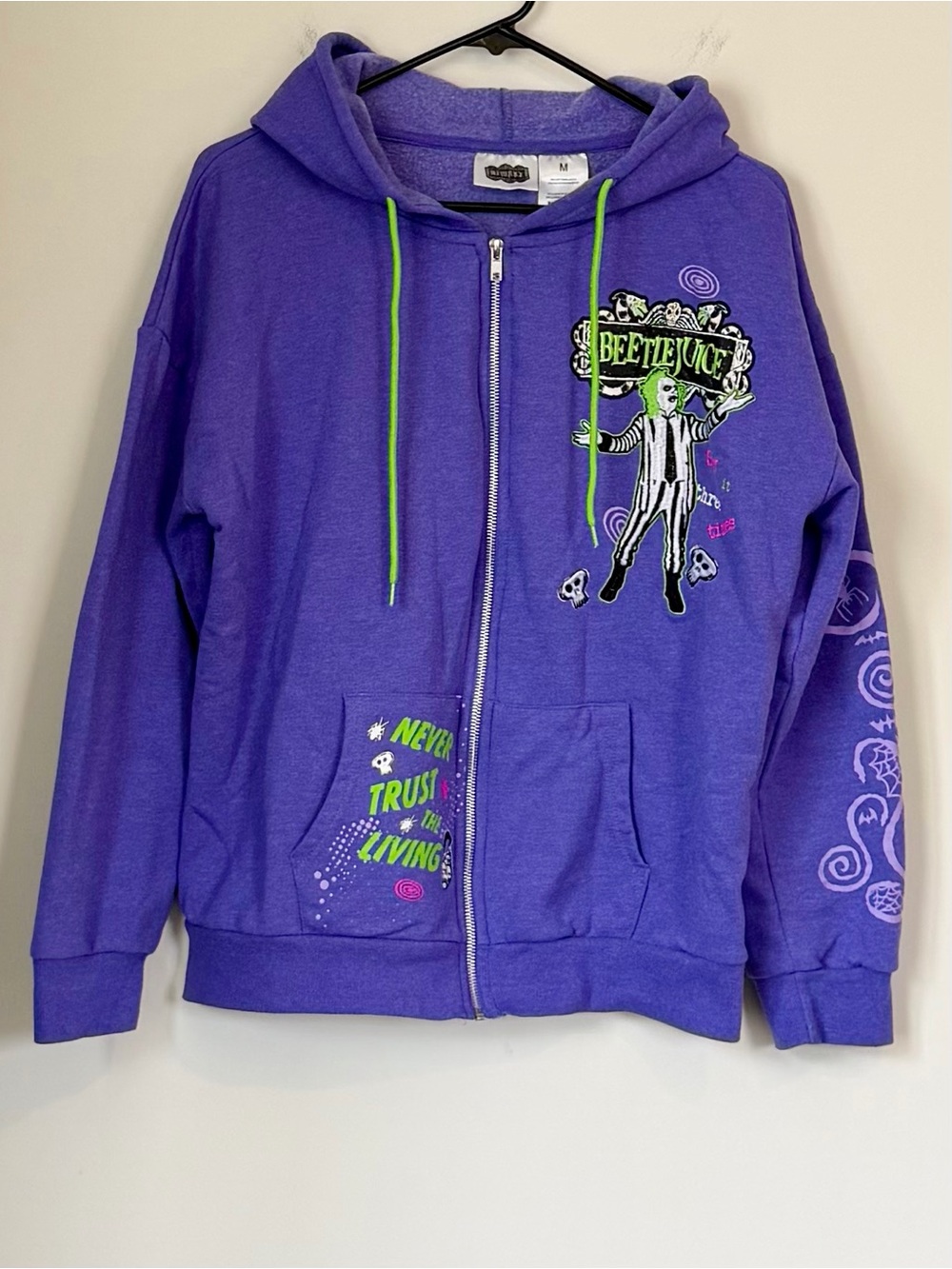 Purple Beetlejuice Graphic Zip Hoodie with Green Drawstrings - Size: Medium - Picture 2 of 10